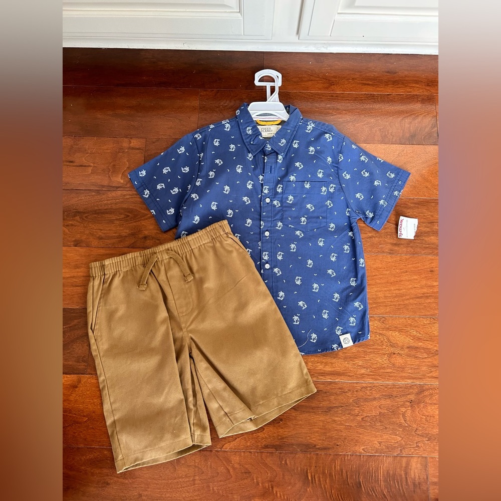 NWT Free Planet Boys button shirt with khaki shorts size 6